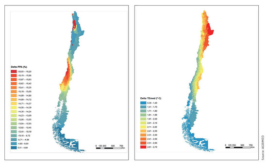 上图：到2050年，智利的降雨量预计将会减少（左），但平均温度会升高（右）。来源：AGRiMED