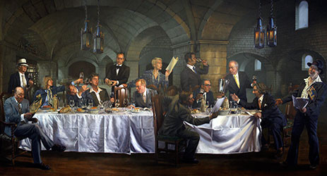 Image: Judgement of Paris, wine-tasting event of 1976 © Gary Myatt 2012. From left to right: Raymond Oliver (uncovering the bottle of Chateau Montelena), Sir Peter Michael (not at the tasting but the owner of The Vineyard at Stockcross which commissioned Gary Myatt’s 2012 mural ‘After the Upset’), Patricia Gallagher, Pierre Tari, Michel Dovaz, a waiter, Pierre Brejoux, Odette Khan, Steven Spurrier (foreground), Christian Vannequé, Aubert de Villaine, Claude Dubois-Millot, Jean-Claude Vrinat and George Taber (with a copy of Time under his arm)
