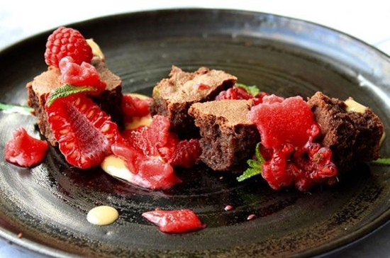 Brownie, raspberry sorbet and crème anglaise