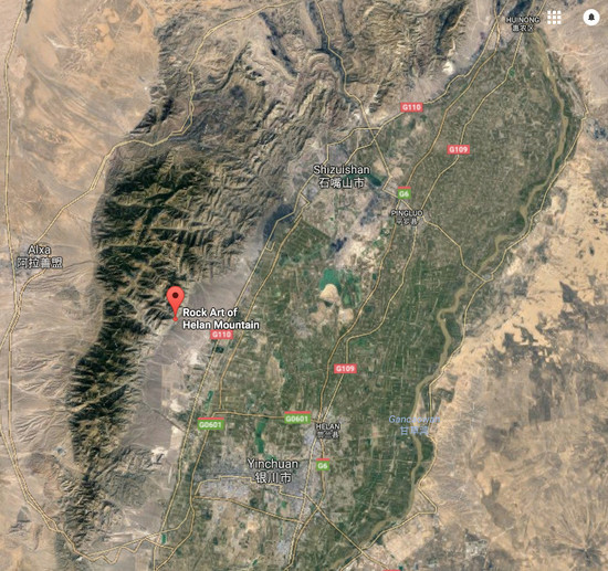 图片:贺兰山岩画(图中所示地区)被洪水毁坏,周边葡萄园遭冲毁,图片来自Google Earth