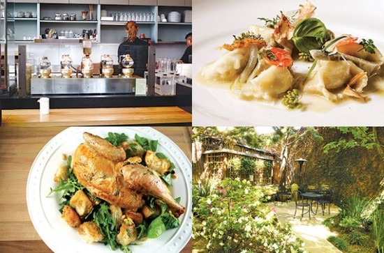 San Francisco offers a variety of great food and wine spots. Clockwise from top left: Blue Bottle cafe, SPQR, Arlequin Wines, Zuni Cafe