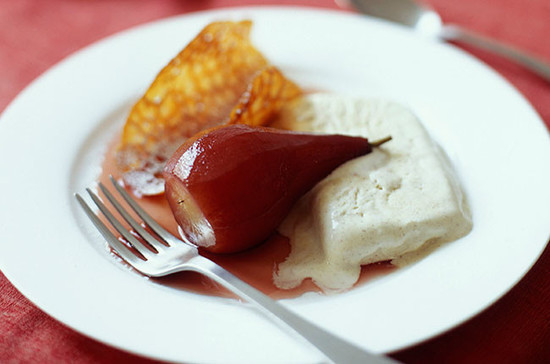 Pears poached in mulled wine with cinnamon parfait… Credit: timeincukcontent.com