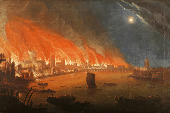 An artist's impression of the Great Fire of London in September 1666. Credit: Unknown artist / London Fire Brigade / Flickr