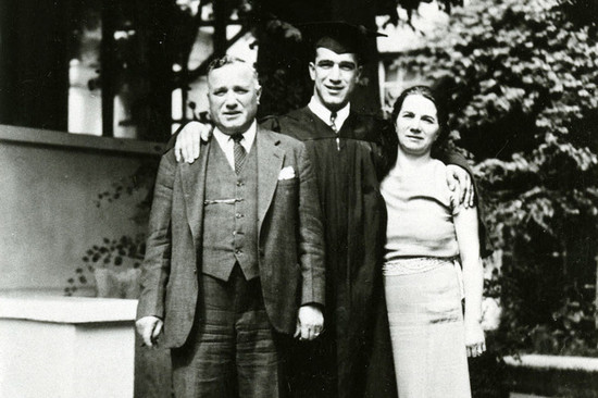 L-R: Cesare Mondavi, Robert Mondavi and Rosa Mondavi at Stanford University in 1936. (Image credit: UC Davis Special Collections)