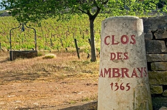 A stone marker at the entrances to Clos des Lambrays grand cru vineyard. Credit: Ian Shaw / Alamy
