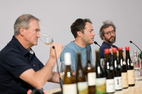 Jorge Olivera speaking, flanked by Jesus Barqu&iacute;n and Dani Landi (Image credit: Barcelona Wine Week)